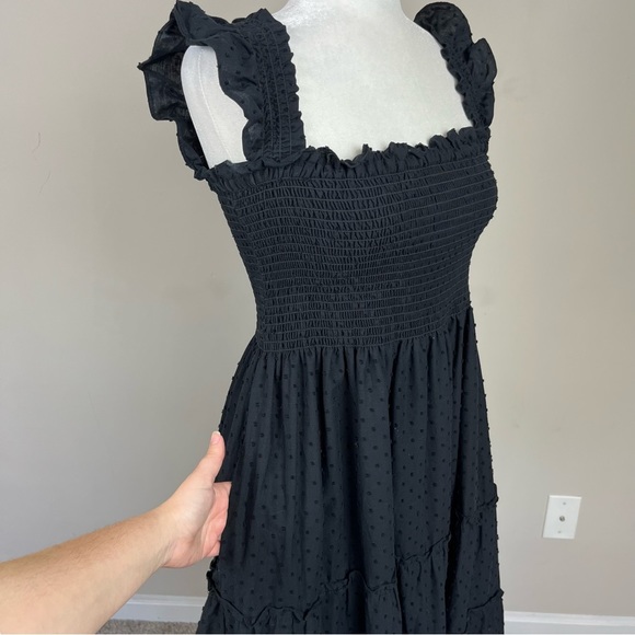 CAARA CALYPSO TIERED MIDI SUNDRESS SMOCKED BODICE FLUTTER STRAPS BLACK LARGE - Picture 7 of 15